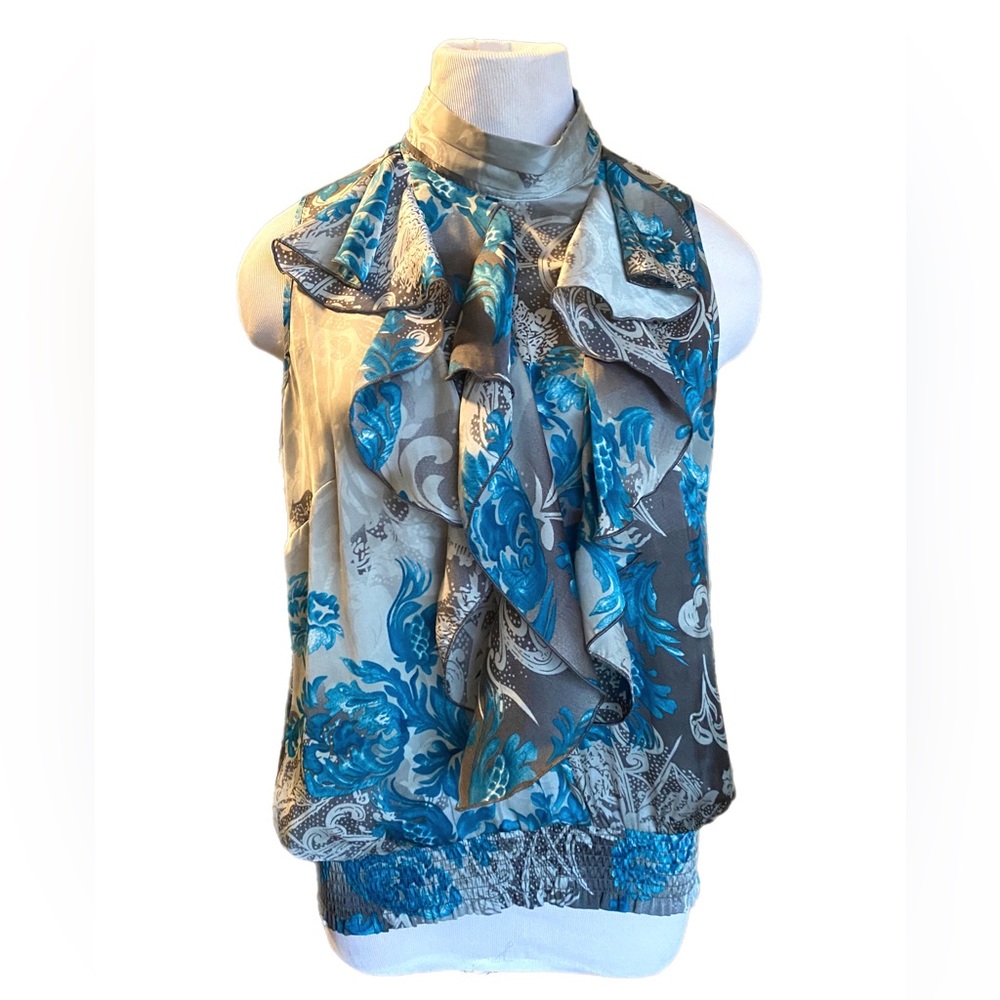Patterned Silky Ruffled Sleeveless Top | Dress Barn | Turquoise, Gray, White